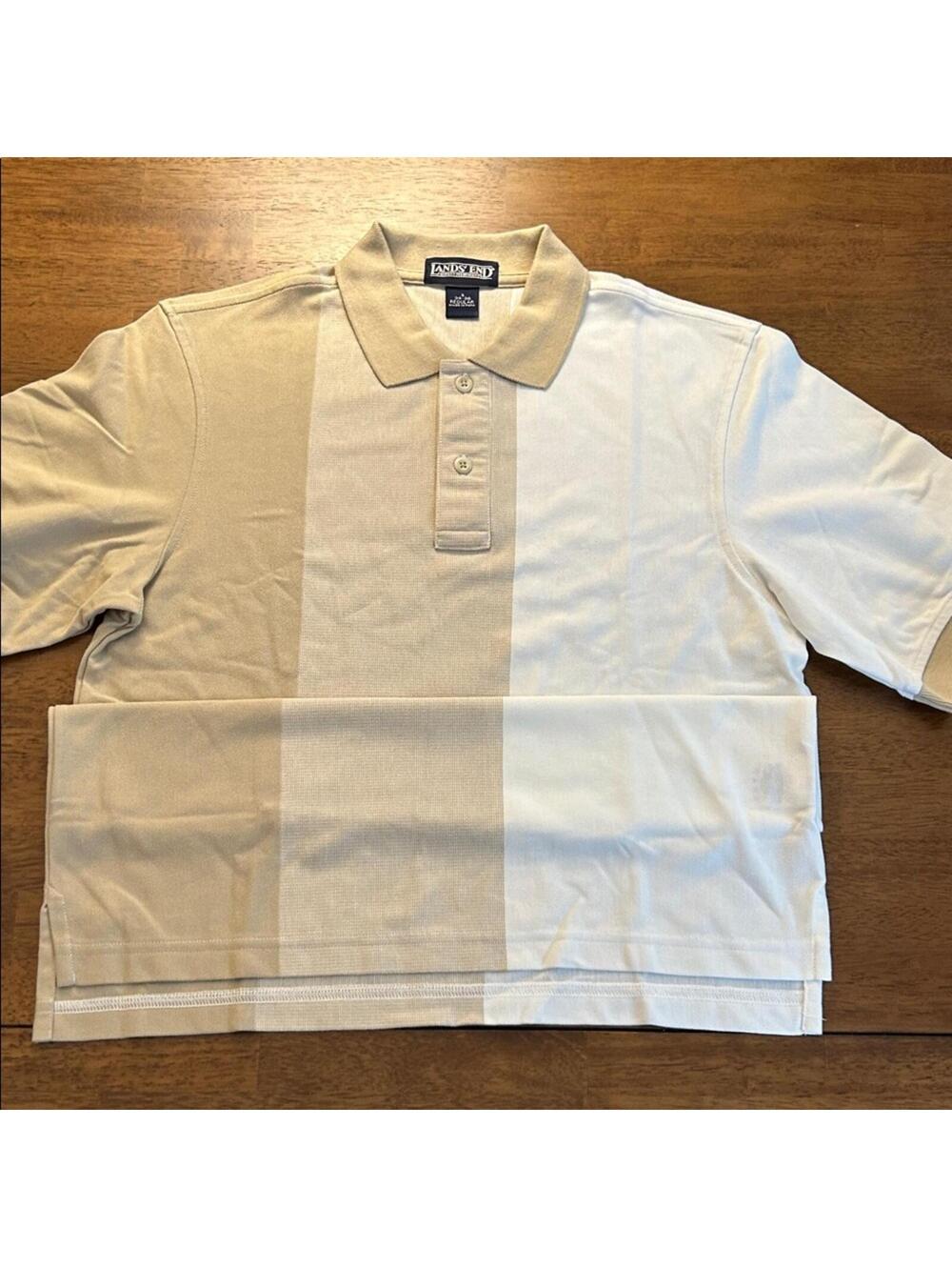 Lands' End White and Tan Striped Polo